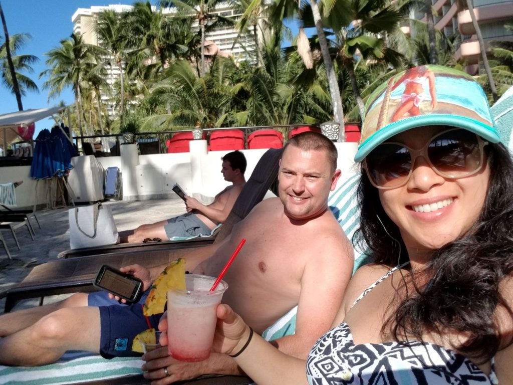 Lounging near Duke's Waikiki at the Outrigger Waikiki Beach Resort.